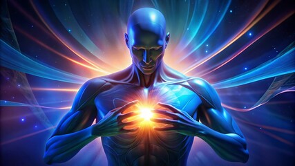 Surreal abstract scene with a glowing human figure in cosmic light