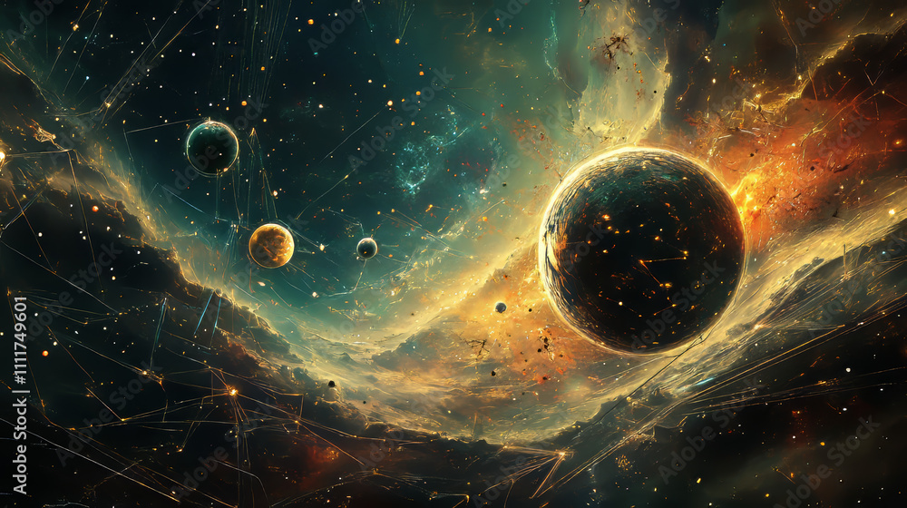 Poster abstract image of hacker activity in the form of a starry sky or space, consisting of points, lines,