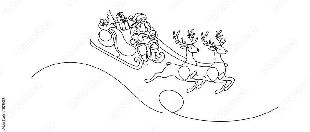 Poster one continuous line drawing of christmas reindeer and santa claus. wild animal deer with antlers is 
