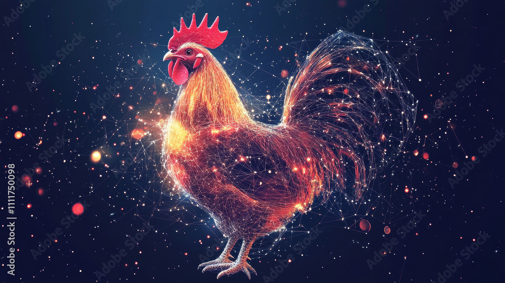 Poster abstract image of a new year rooster in the form of a starry sky or space, consisting of points, lin