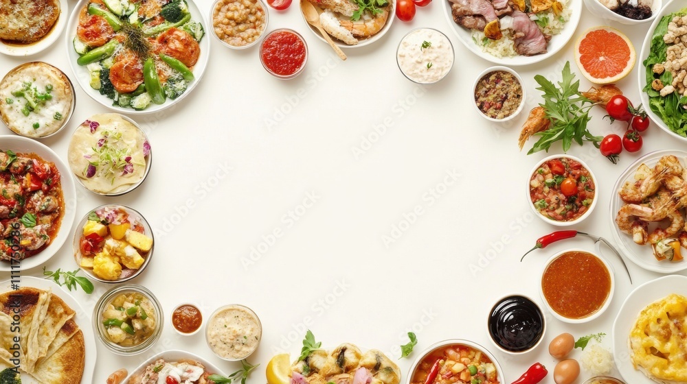 Poster An array of delicious Italian, Japanese, and Mexican dishes is presented, creating an inviting culinary display with blank space for text. Generative AI
