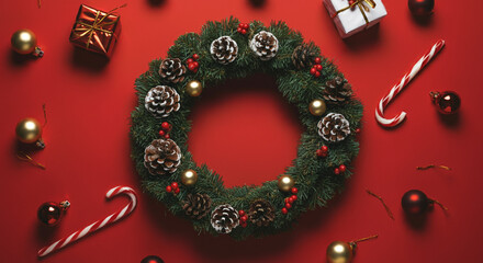 A traditional Christmas wreath decorated with pinecones, red berries, and festive baubles, set against a red background