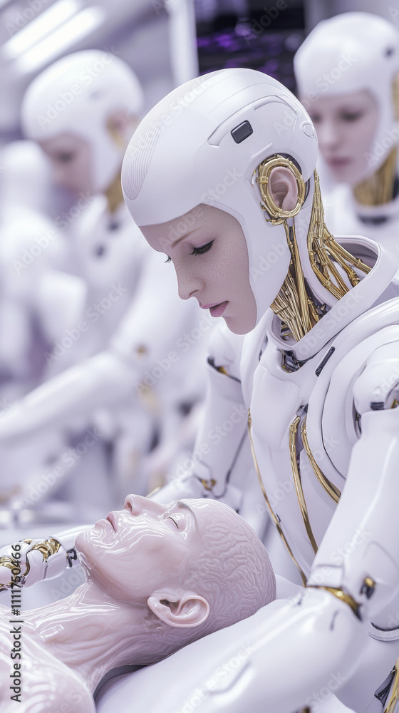 Poster robots in a futuristic lab perform intricate tasks with precision and care, ai