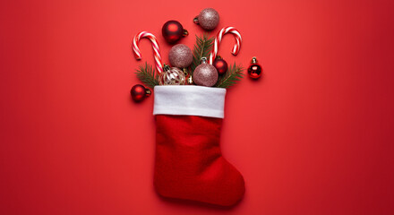 Red stocking filled with colorful ornaments, candy canes, and greenery, set against a Christmas-themed red backdrop