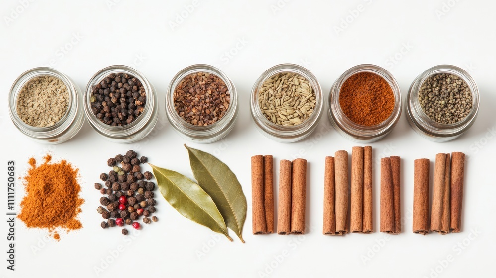 Aufkleber Brightly colored spices are arranged in small jars alongside bay leaves and cinnamon sticks on a clean white backdrop, ideal for text. Generative AI