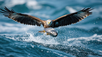 Red kite captures fish in mid-air over ocean waves