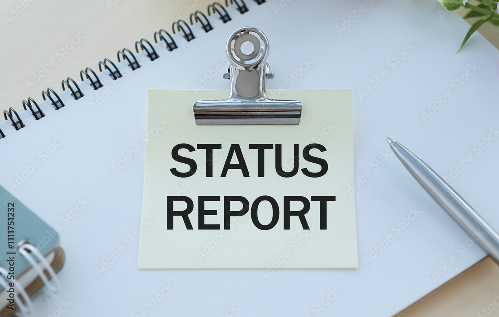 Poster on the table is a pen and a notebook with inscriptions - status report