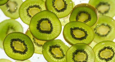 Thinly sliced kiwi fruits arranged in a close-up view, emphasizing freshness, health, and vibrant green colors