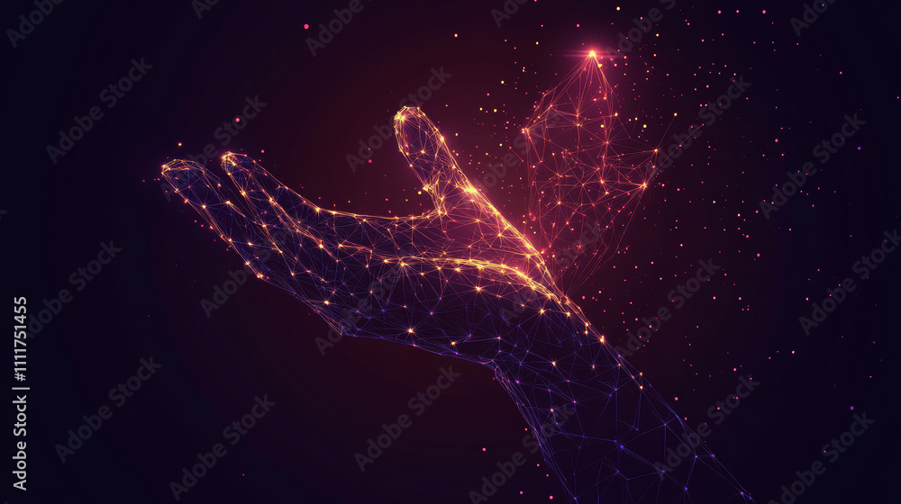 Poster a shield and hand touching composed of polygons. low poly vector illustration consists of lines, dot