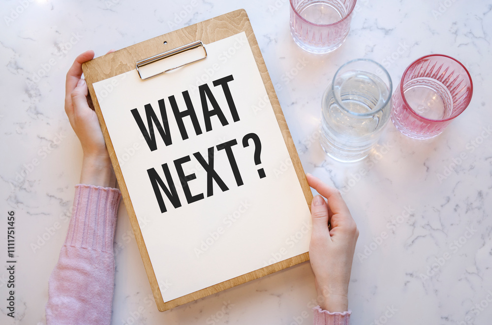Poster what next and business concepts with paper and accessories on table