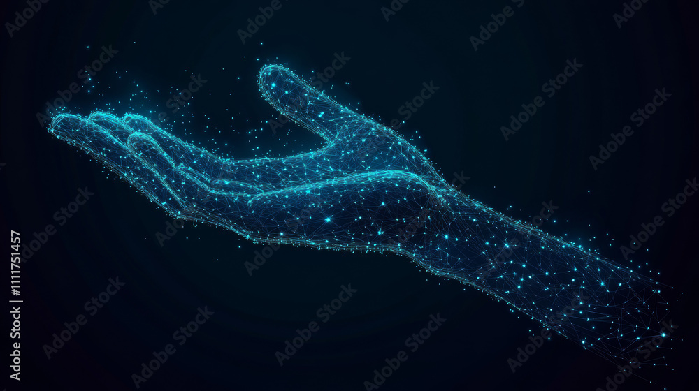Poster a shield and hand touching composed of polygons. low poly vector illustration consists of lines, dot
