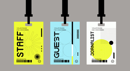 Plastic badges id card badges in a futuristic style. Journalist, guest, staff. Identification cards on a string, entrance ticket, pass