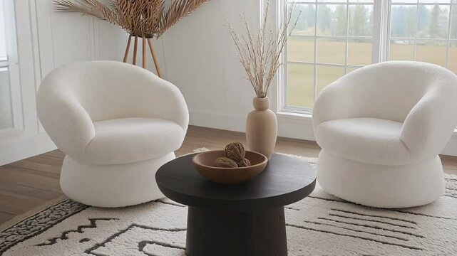 Cozy, minimalist living area featuring white boucle chairs, dark round coffee table, neutral vase decor, and a patterned textured rug for warmth.