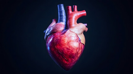 detailed 3D rendering of human heart showcasing its anatomical structure, including arteries and veins, against dark background. This highlights complexity and beauty of heart design