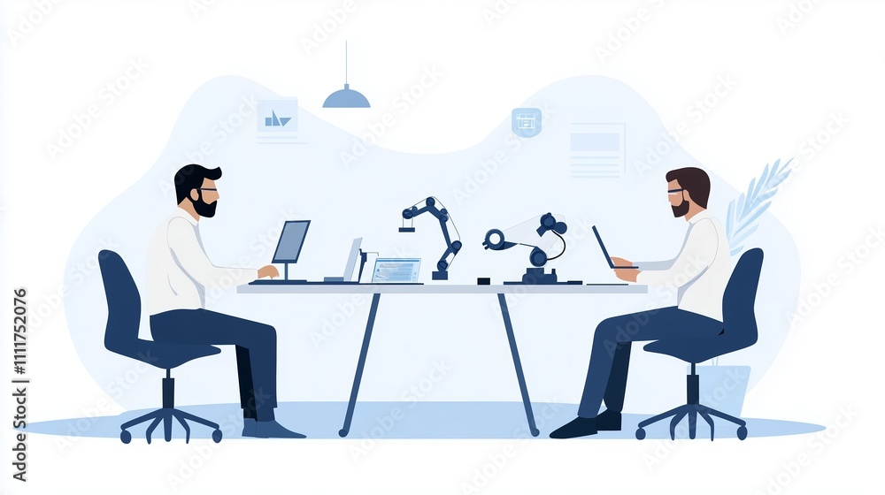 Poster collaboration between two professionals at a modern workspace with robotic assistance and innovative