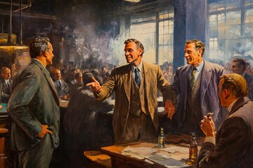 Fototapeta premium Men in suits converse; factory scene; smoky atmosphere.