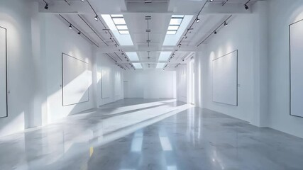 An empty art gallery featuring white walls, skylights, and polished concrete floors, creating a minimalist aesthetic.