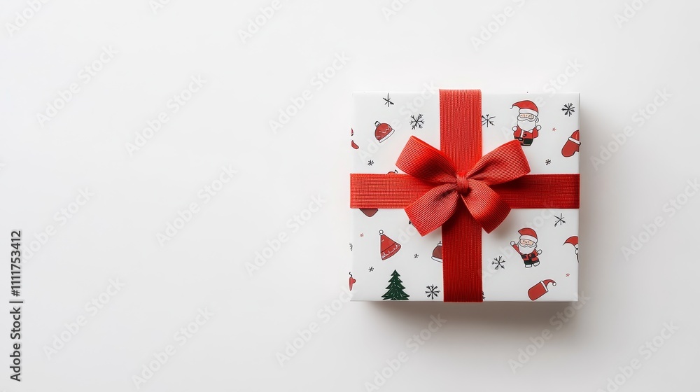 Poster a white background with a red ribbon and a box with a christmas tree on it