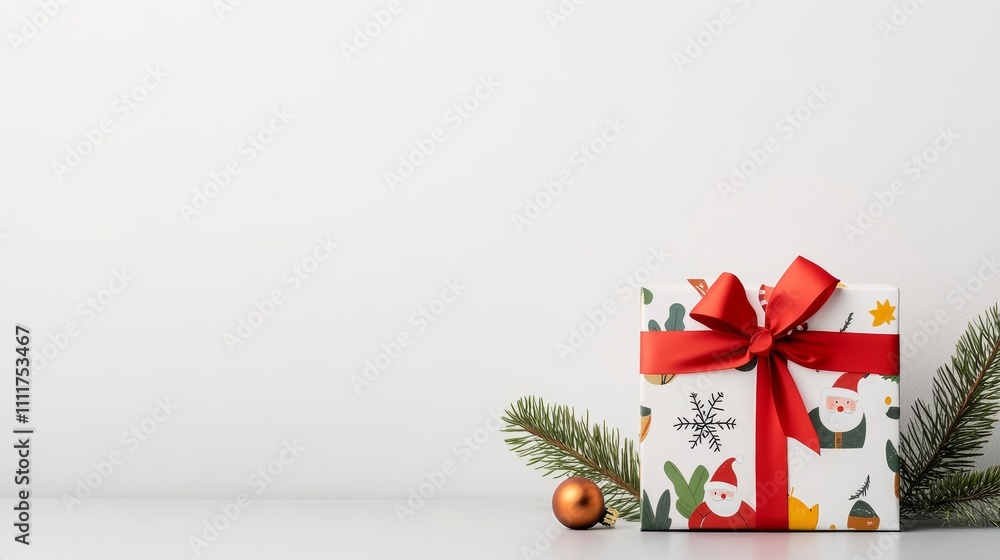 Poster a white background with a red ribbon and a box with a christmas tree on it