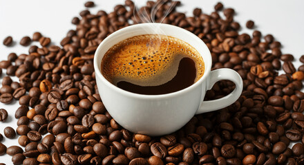 Fototapeta premium A close-up view of a white ceramic cup filled with freshly brewed coffee, showcasing a rich layer of crema, surrounded by coffee beans