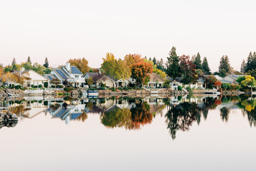 Quaint waterfront neighborhood with houses and trees