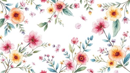 Obraz premium Watercolor wildflowers, leaves and branches on white background pattern, pastel colors seamless design, floral, wildflowers