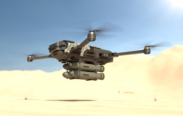 Military drones fly and fire missiles in a war zone, Future war with drone. 3D illustration