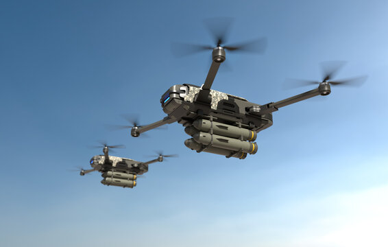 Military drones fly and fire missiles in a war zone, Future war with drone. 3D illustration