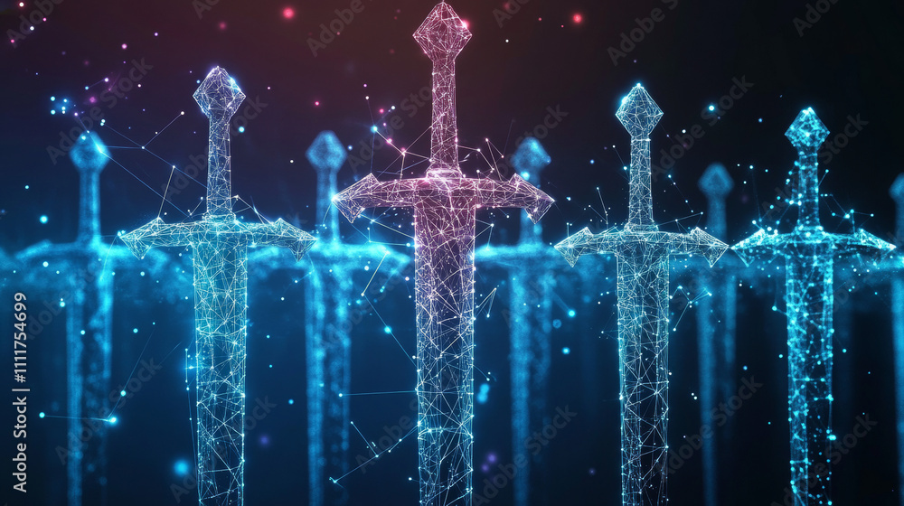 Aufkleber abstract polygonal crossed swords isolated on white background. low poly wireframe vector illustrati