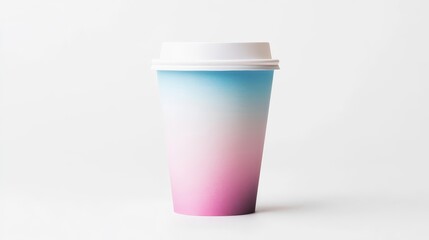 A cup with a pink, blue, and green design
