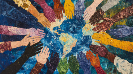 Fototapeta premium People of different races holding hands around the planet Earth. top view of hands of different skin colors. Concept international Happy Friendship day. Vector illustration