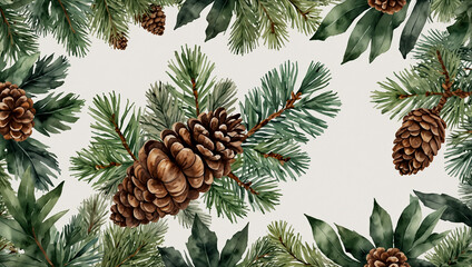 Fototapeta premium A border of pine branches, pine cones, and greenery.