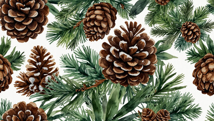 Fototapeta premium A border of pine branches, pine cones, and greenery.