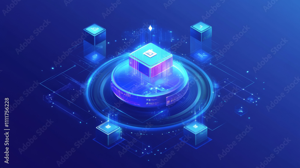 Poster abstract digital 3d blockchain icon on technology globe earth background. hologram of linked blocks 