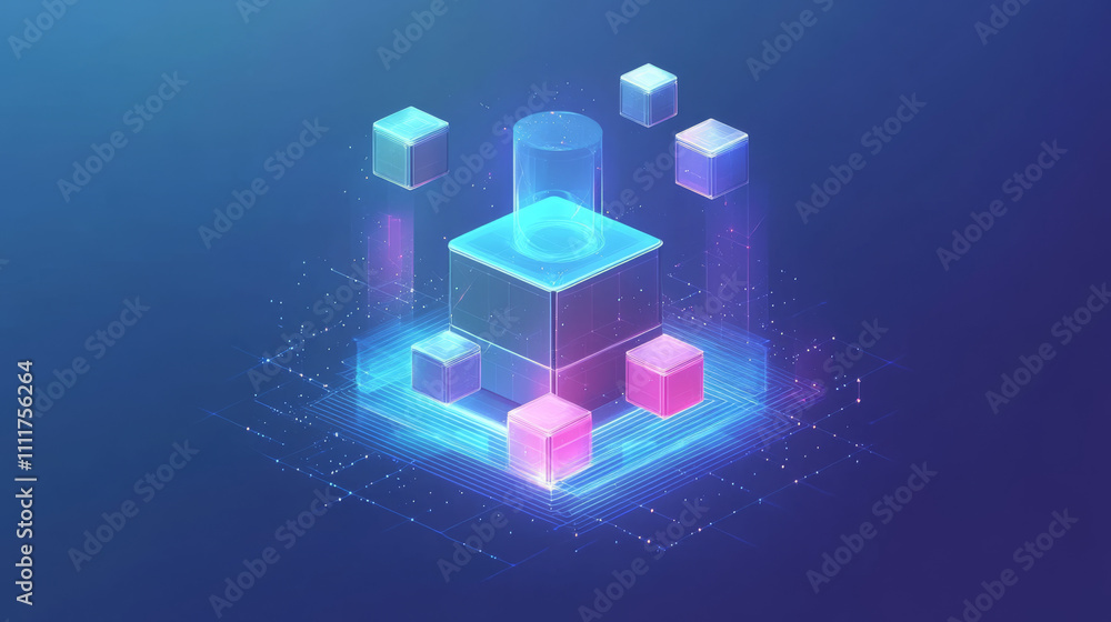 Poster abstract digital 3d blockchain icon on technology globe earth background. hologram of linked blocks 