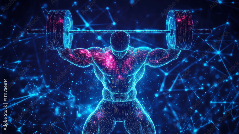 Aufkleber abstract weightlifter with cybernetic particles. polygonal digital background. point and curve const