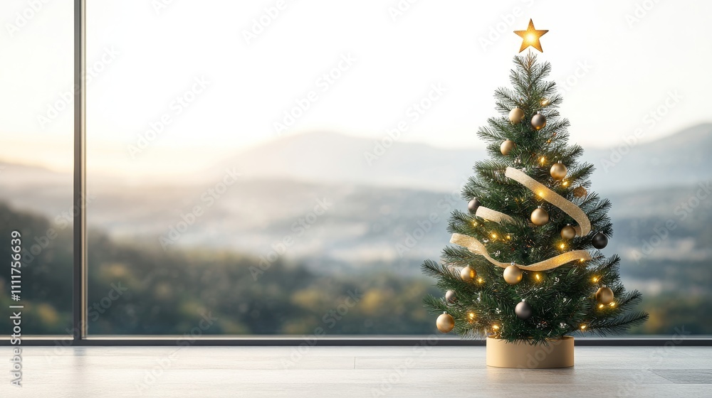 Poster a small christmas tree with a star on top sits in front of a window