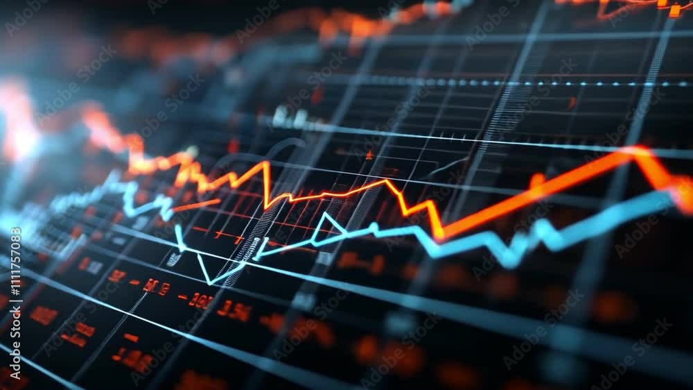 Poster abstract digital background showcasing fluctuating graphs and vibrant data trends in red and blue co
