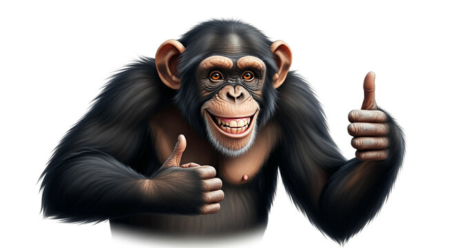 Realistic chimpanzee smiling and giving a thumbs-up gesture on a clean white background