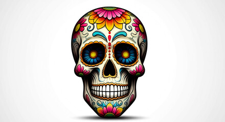 Colorful sugar skull with vibrant floral designs on a white background, celebrating Day of the Dead