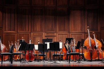 Fototapeta premium Empty stage, string instruments, music stands, chairs.