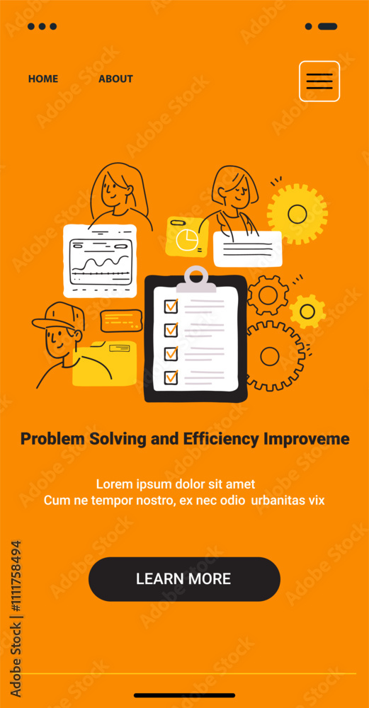 Poster problem solving efficiency improvement concept with people gears documents checklist orange backgrou