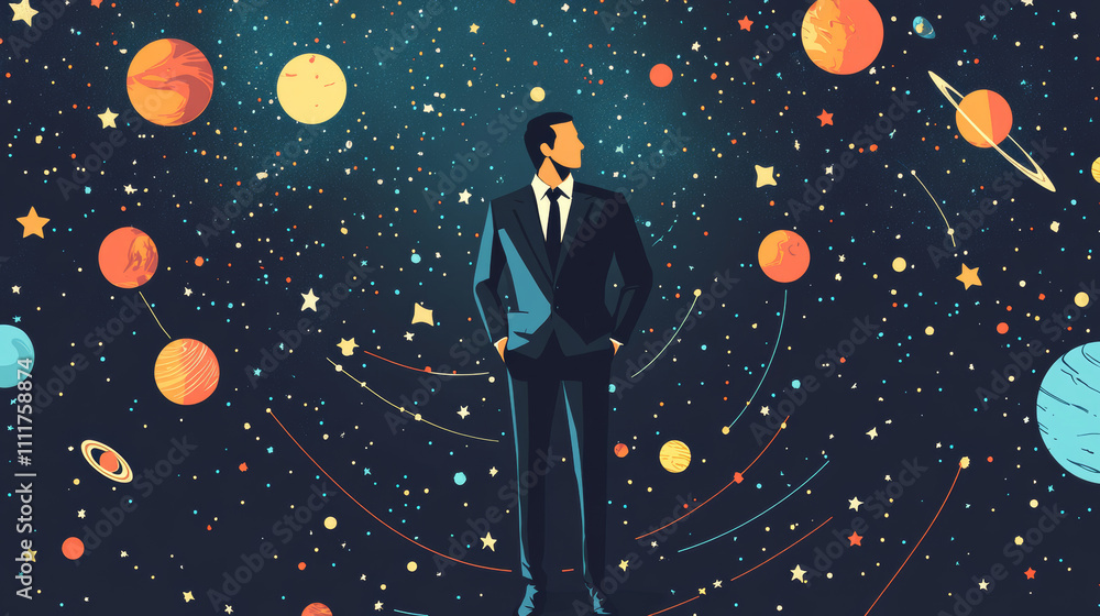 Poster abstract image of businessman in suit with star in the form of a starry sky or space, consisting of 
