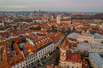 Aerial winter evening view of Vilnius old town, Lithuania