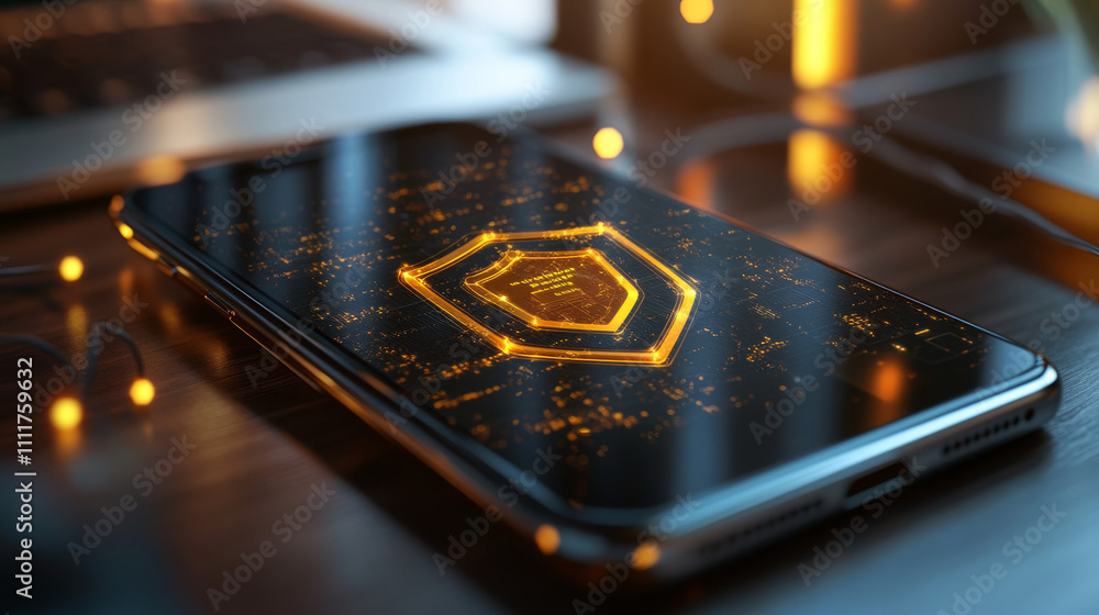 Poster golden shield on smartphone screen. network secure concept. gold safe vector low poly wireframe in t