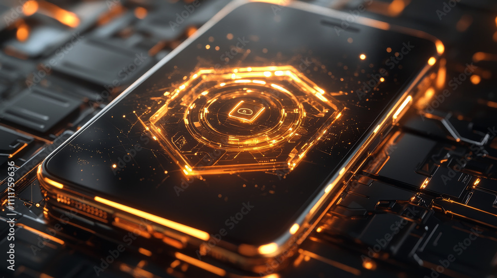 Poster golden shield on smartphone screen. network secure concept. gold safe vector low poly wireframe in t