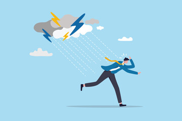Runaway from crisis, catastrophe misfortune situation, escape from disaster, bankruptcy or danger failure, overworked, anxiety or work stress concept, businessman run away from thunder storm raining.