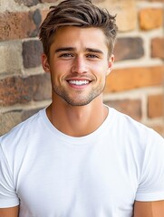 Obraz premium Handsome Young Man Smiling Against Brick Wall.