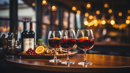 Christmas mulled red wine with spices and fruits on a wooden rustic table. Traditional hot drink at Christmas time