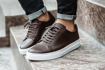 Close-up shot of a man wearing brown leather sneakers with jeans. Legs of person in boots standing on stone city stairs close up. Urban rain shoes on the feet of guy. Comfortable casual men's footwear